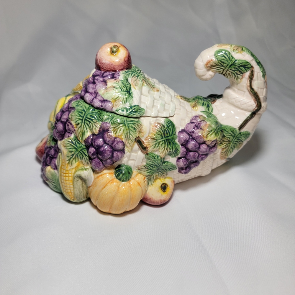 Vintage Ceramic Cornucopia Autumn Fall Thanksgiving Jar Sugar Pot Corn Grapes‎